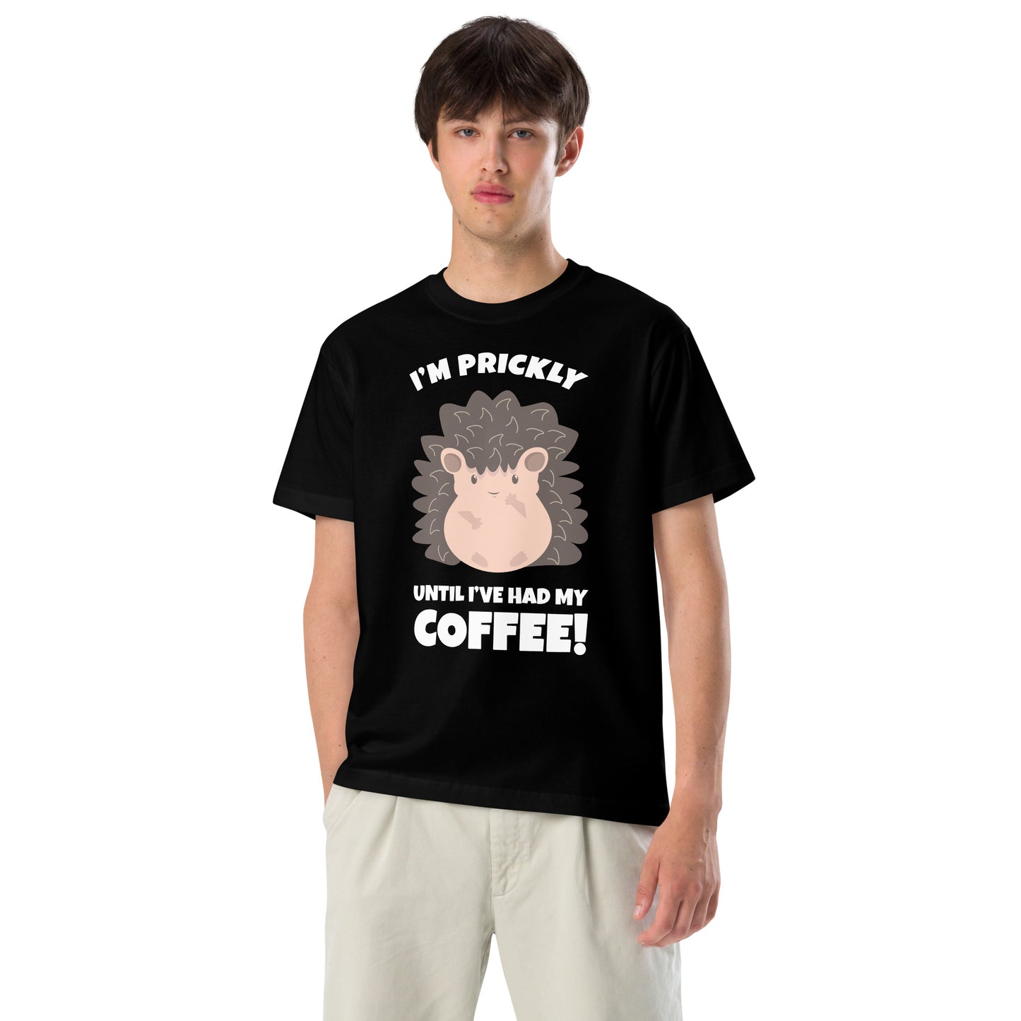Hedgehog's Morning Pick-Me-Up Cute Hedgehog Drinking Coffee T Shirt Design: I'm Prickly Until I Have Had My Coffee