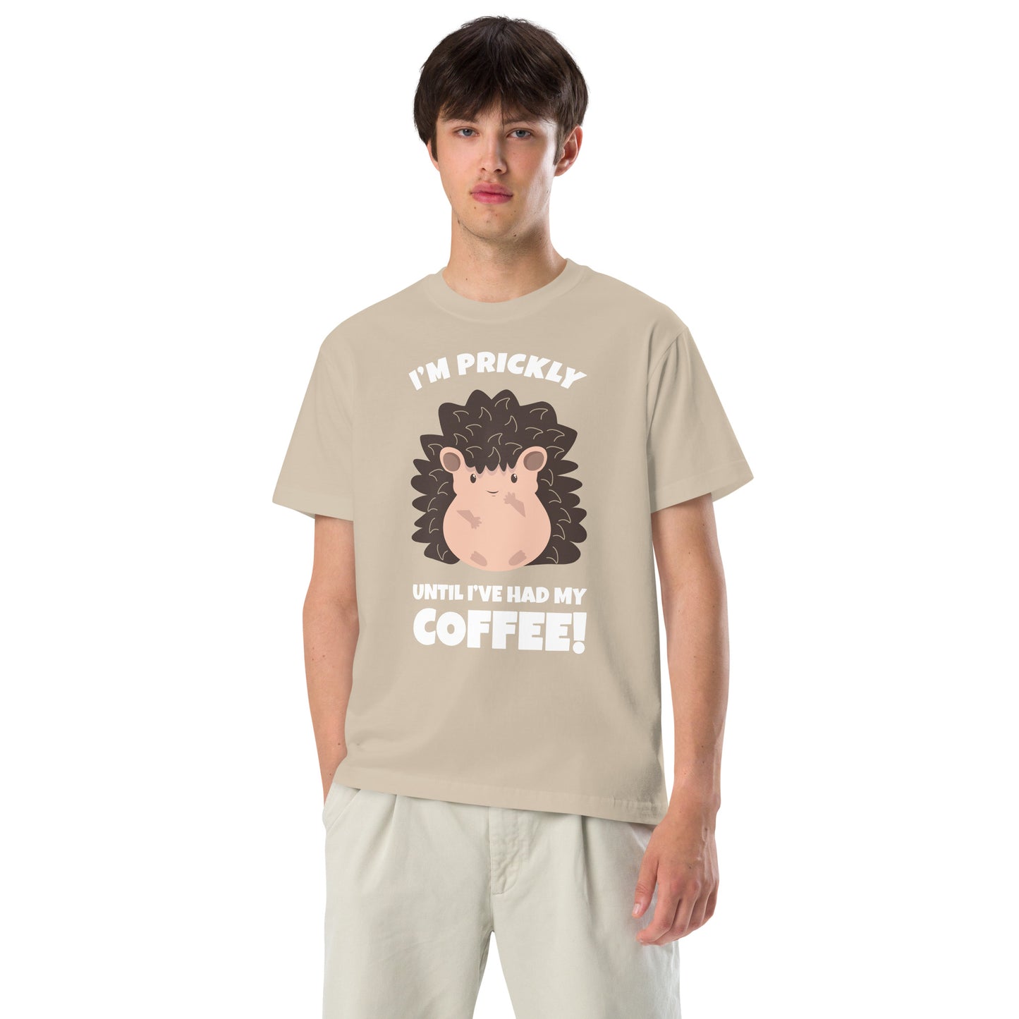 Hedgehog's Morning Pick-Me-Up Cute Hedgehog Drinking Coffee T Shirt Design: I'm Prickly Until I Have Had My Coffee